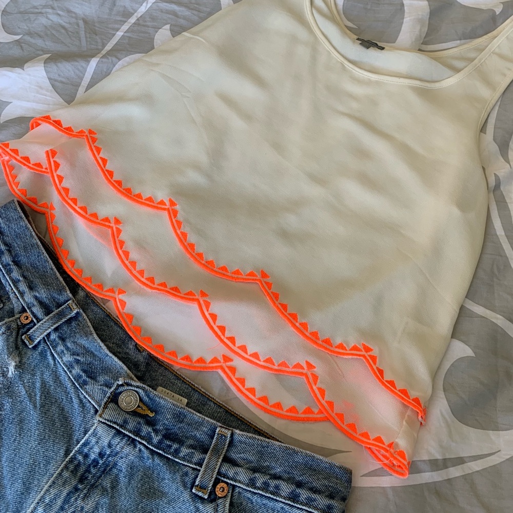 White Cropped Tank Top with Orange Detail